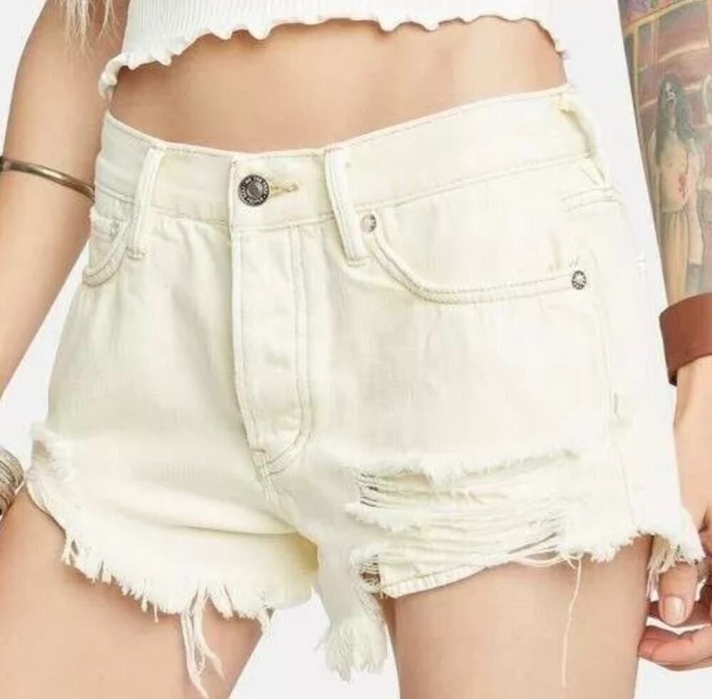 Free People SZ 28 Loving Good Vibrations Jean Shorts Button-Fly Hi-Rise Yellow